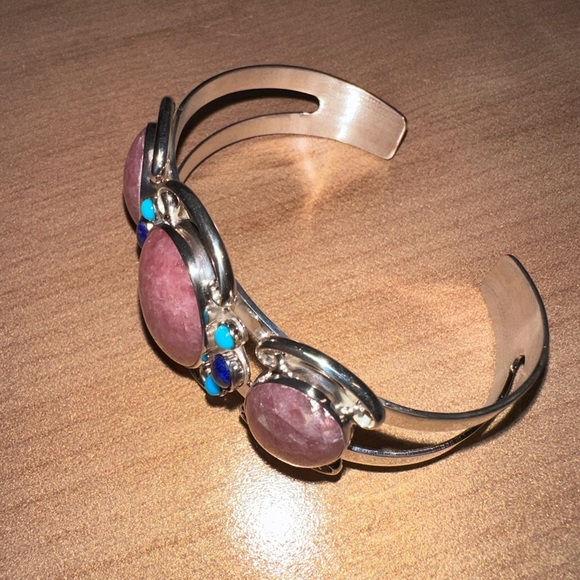 Rhodochrosite with small turquoise & lapis accents sterling silver cuff - Picture 6 of 10